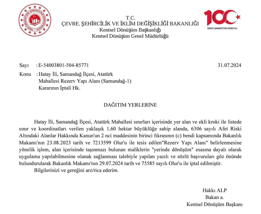 SAMANDAĞ’ DA REZERV ALANIN KALKTIĞI RESMİ YAZIYLA KESİNLEŞTİ
