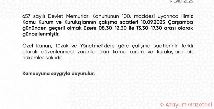 HATAY’DA RESMİ KURUMLARDA MESAİ SAATLERİ DEĞİŞTİ HATAY’DA RESMİ KURUMLARDA MESAİ SAATLERİ DEĞİŞTİ